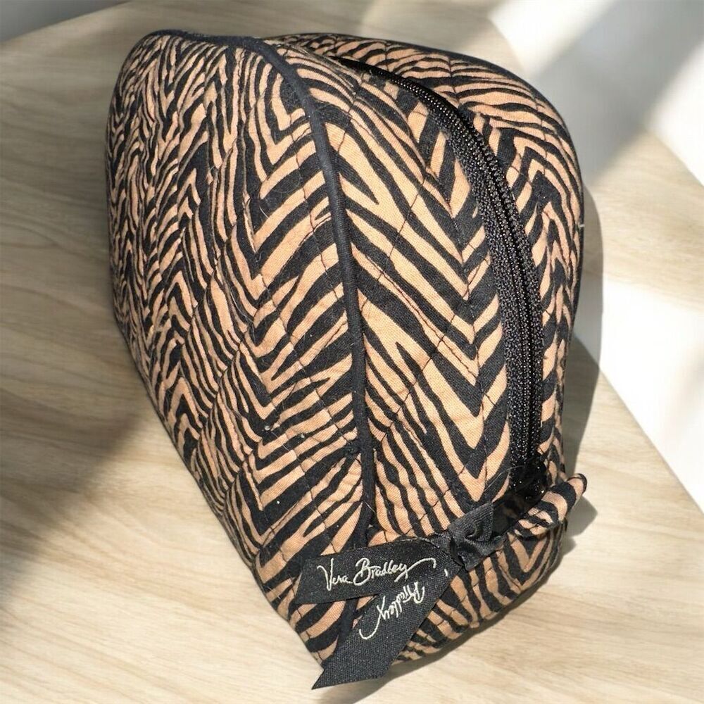 Vera Bradley Zebra Pattern Quilted Cosmetic Bag Clutch Black Tan Zipper Top - Picture 4 of 9